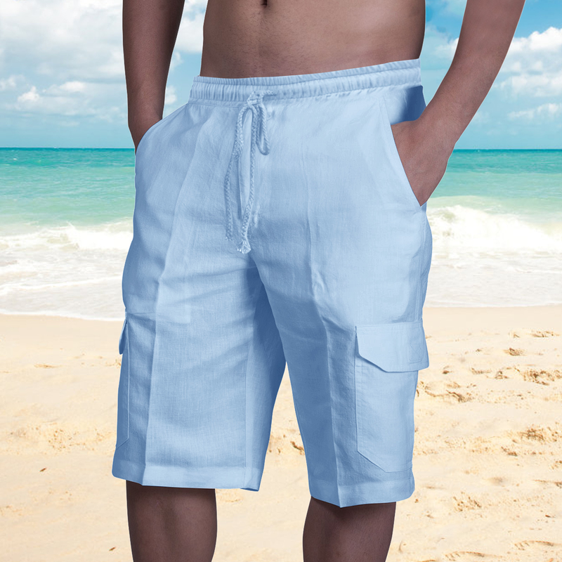 2022 nuovi pantaloncini di lino multitasche con lacci pantaloni da lavoro da spiaggia da uomo_voghion.com