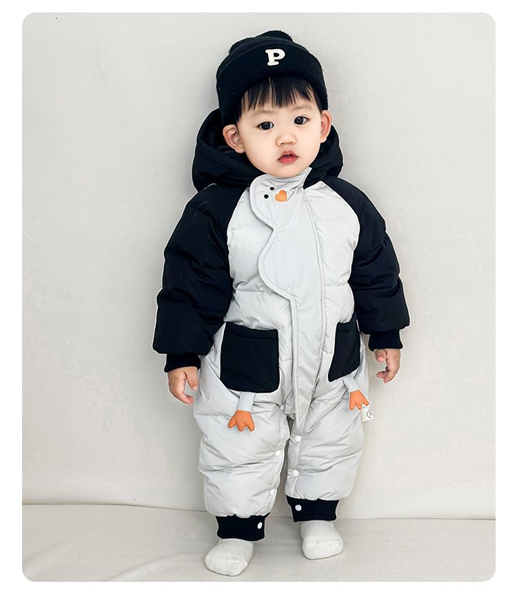 Premium Baby Winter Snowsuit With Hood - Soft Duck Down Filled, Full-Zip Romper For Infants & Toddlers (66-100cm, Gray, Cartoon Print)_voghion.com