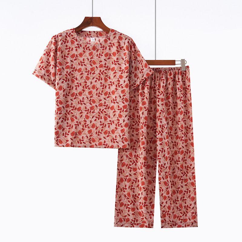 Conjunto de duas peças para mulheres de meia-idade e idosas, verão, gola redonda, estampado, manga curta, solto, casual, confortável, avó_voghion.com