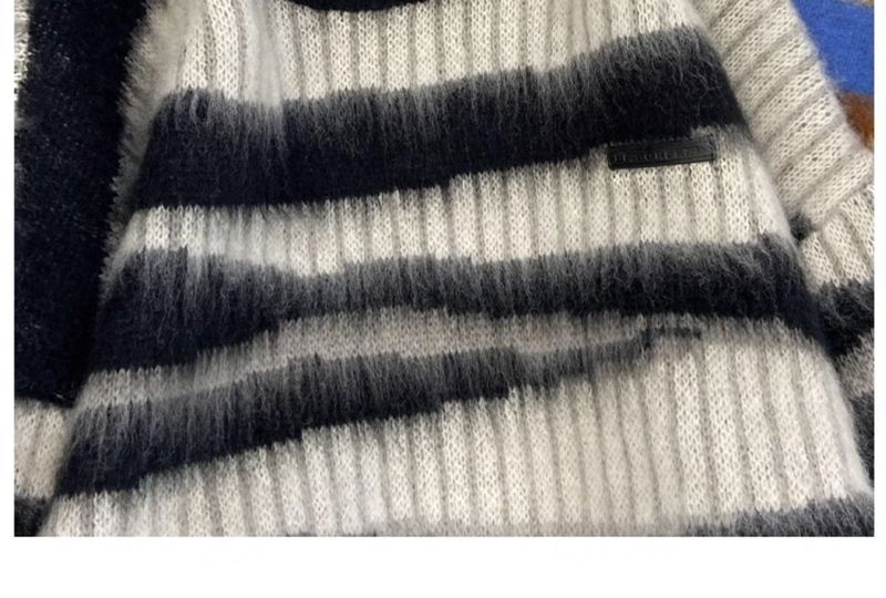 Men's Oversized Color Block Knit Sweater - Retro Striped Pullover, Unisex Casual Crewneck Jumper For Winter (Black/Blue)_voghion.com