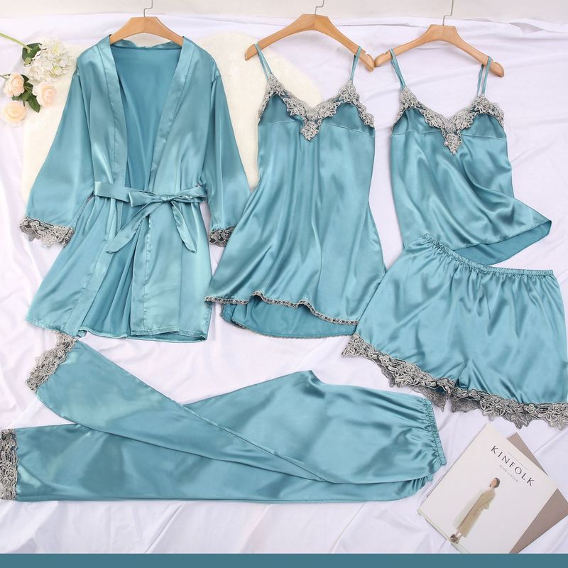 Luxury 5-Piece Satin Pajama Set For Women – Elegant Lace Trim Nightwear | Sexy & Comfortable Sleepwear Lingerie_voghion.com
