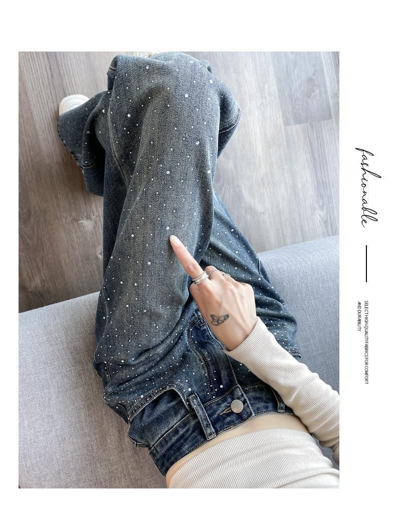 Abbigliamento da donna Jeans stretti e larghi per le donne, pantaloni dritti larghi a vita alta, design di nicchia primaverile, pantaloni personalizzati con lavaggio a caldo a forma di diamante_voghion.com