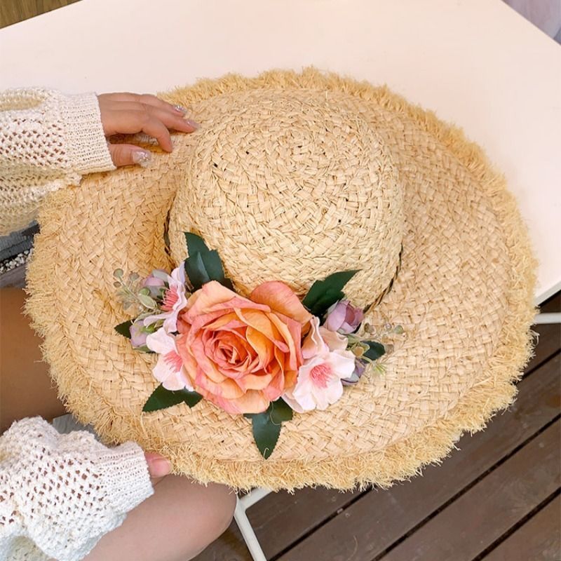 Women's Straw Summer Floral Beach Vacation Wide Brim Sun Hat_voghion.com