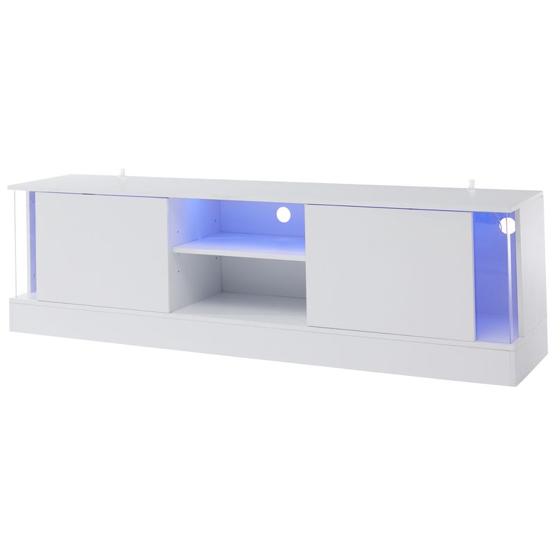 Meuble TV blanc brillant pour téléviseurs jusqu'à 70 pouces, console multimédia sur pied avec éclairage LED, centre de divertissement pour salon_voghion.com