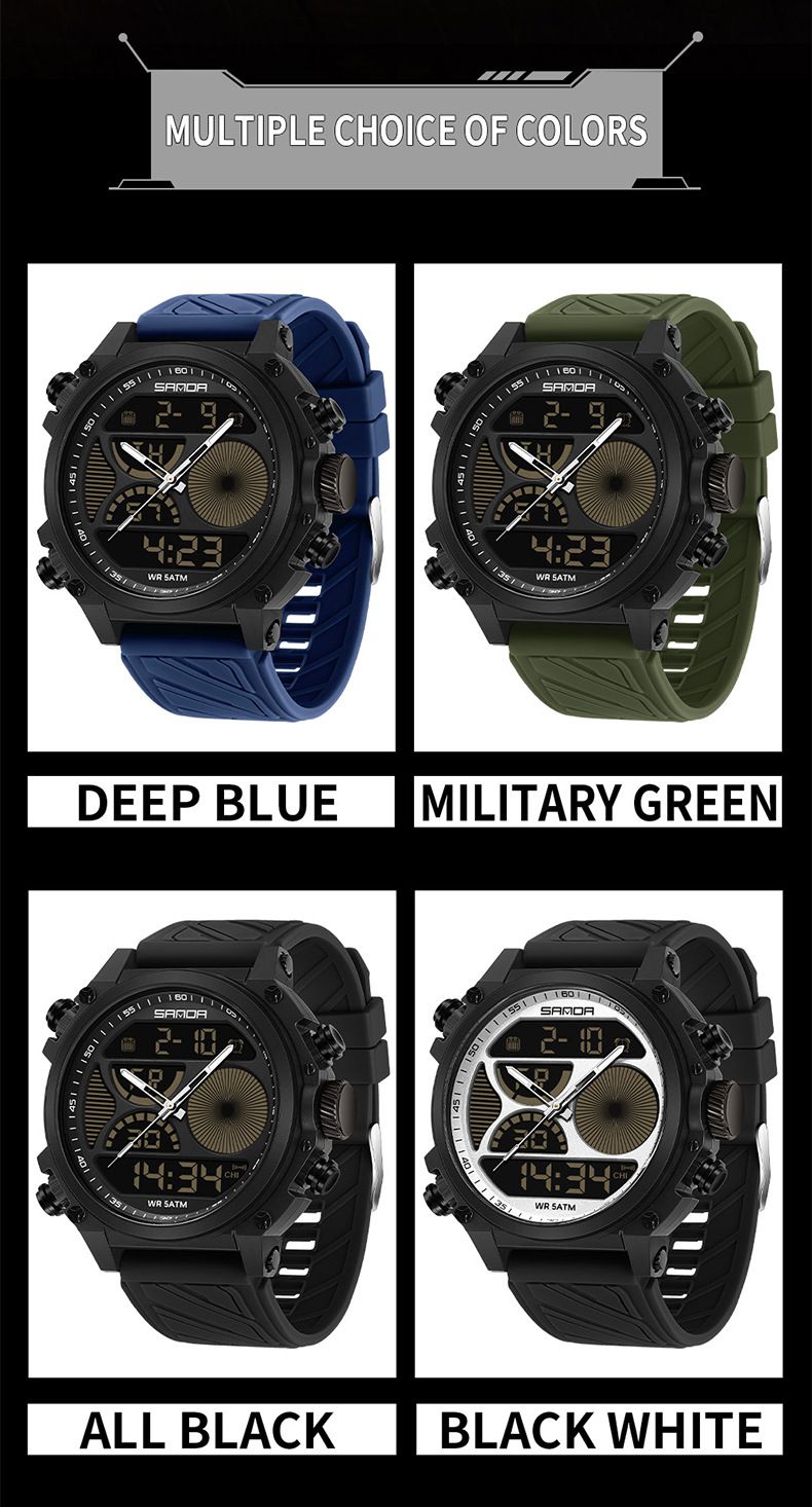 Men's Sports Watch With Dual Display, Luminous Hands, 50m Waterproof, Alarm, Stopwatch, Week & Date Outdoor Activities Dual Display Electronic Watch_voghion.com