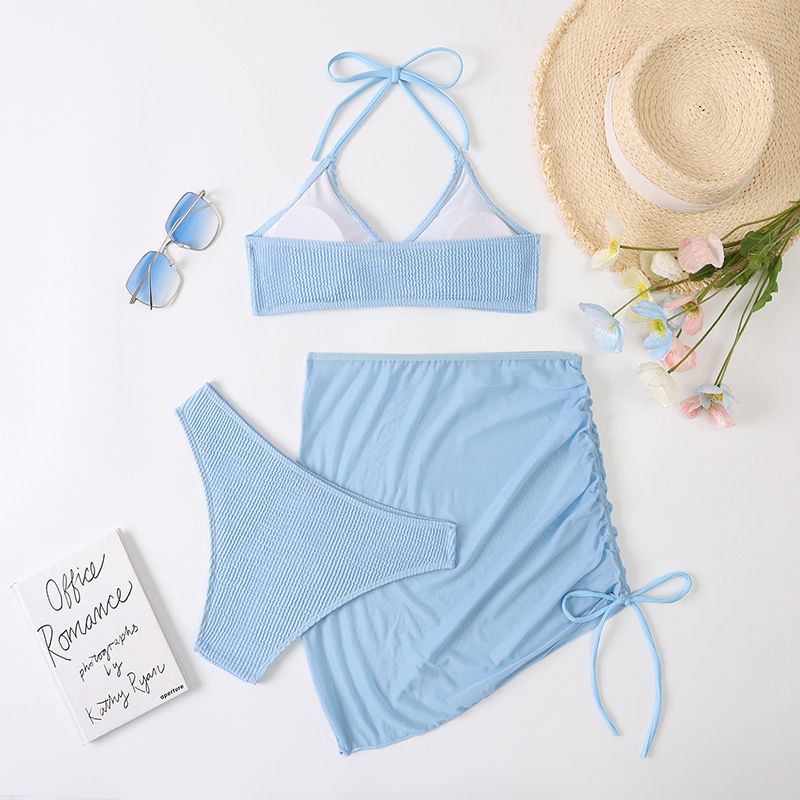 Women's Clothing Spring And Summer New Women's Swimsuit Slim Fit Pure Color Sexy Fashion Hanging Neck Three Piece Set_voghion.com
