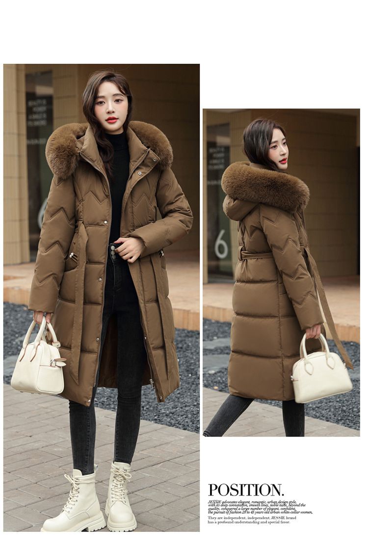 Women's Long Hooded Down Coat With Belt, Thickened Warm Winter Jacket, Fashionable Loose Fit Overcoat With Faux Fur Trim_voghion.com