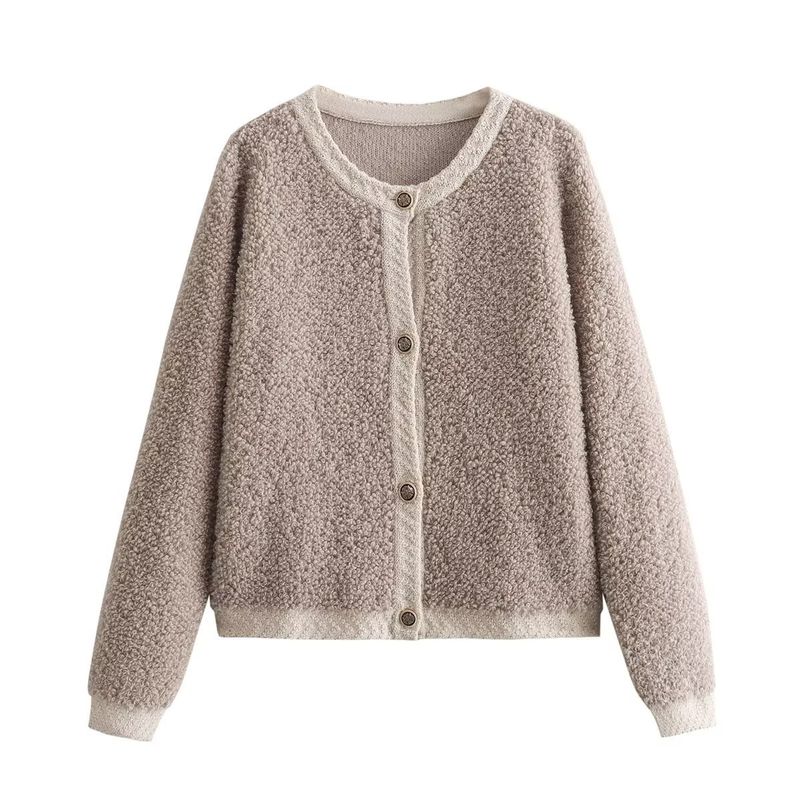 2024 Autumn New Women's Button Decoration Woolen Loop Yarn Knitted Open Front Coat w063 2822_voghion.com