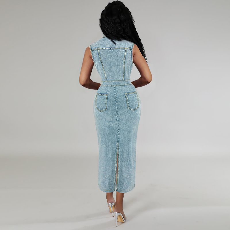 Abbigliamento da donna taglie forti abito senza maniche in denim con spacchi sul bavero_voghion.com