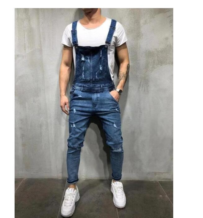 Macacão jeans masculino com cadarço jeans rasgado_voghion.com