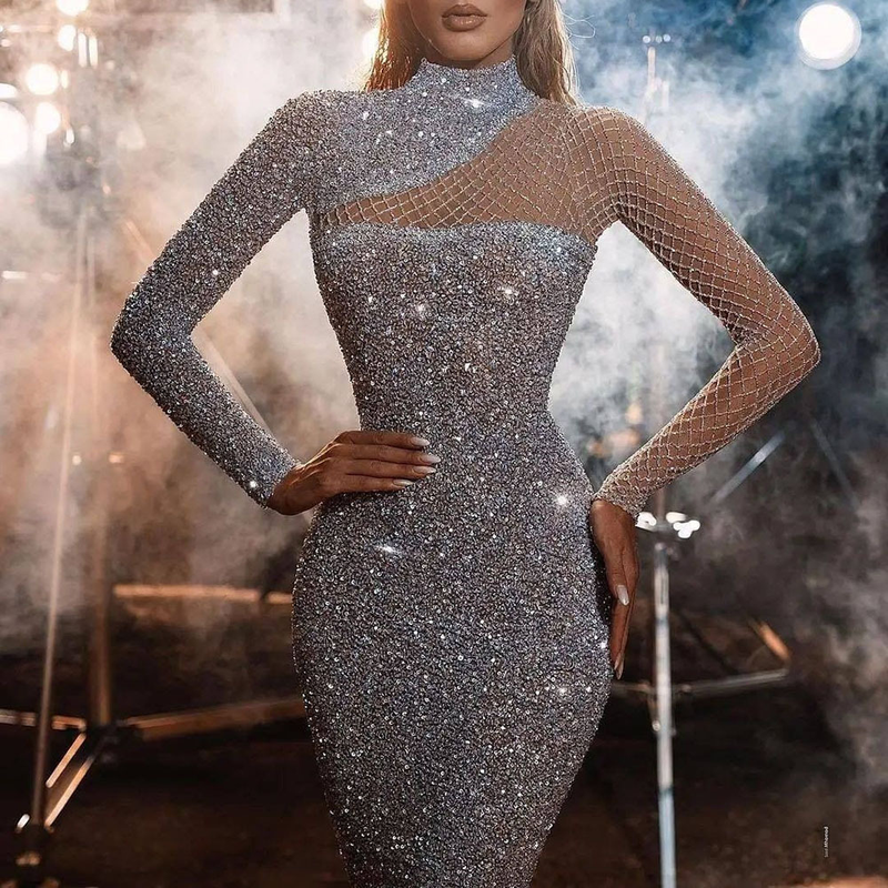 Rochie de damă fără bretele, cu guler rotund, temperament subțire, în formă de S, cu paiete, pentru femei_voghion.com