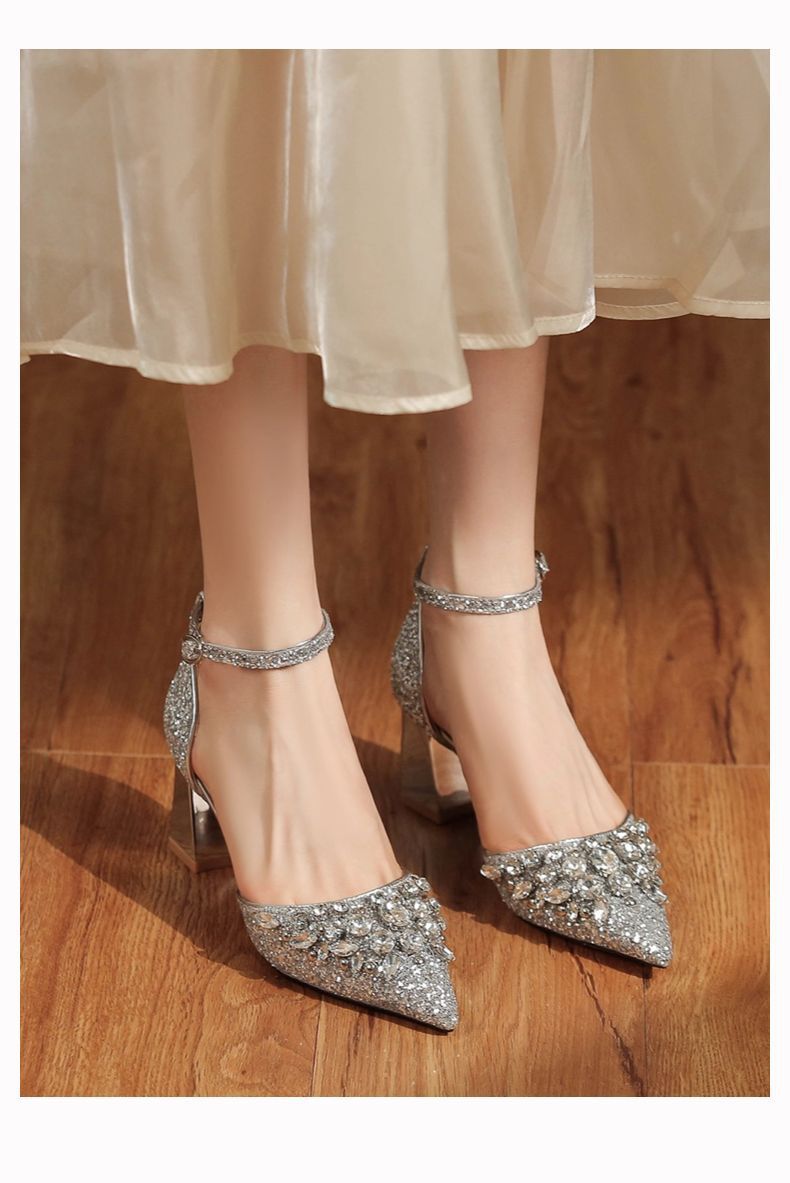 6666-3 Scarpe con tacco grosso, paillettes, strass, fibbia, cinturino singolo, abito da banchetto da sposa, tacchi alti, eleganti glitter_voghion.com