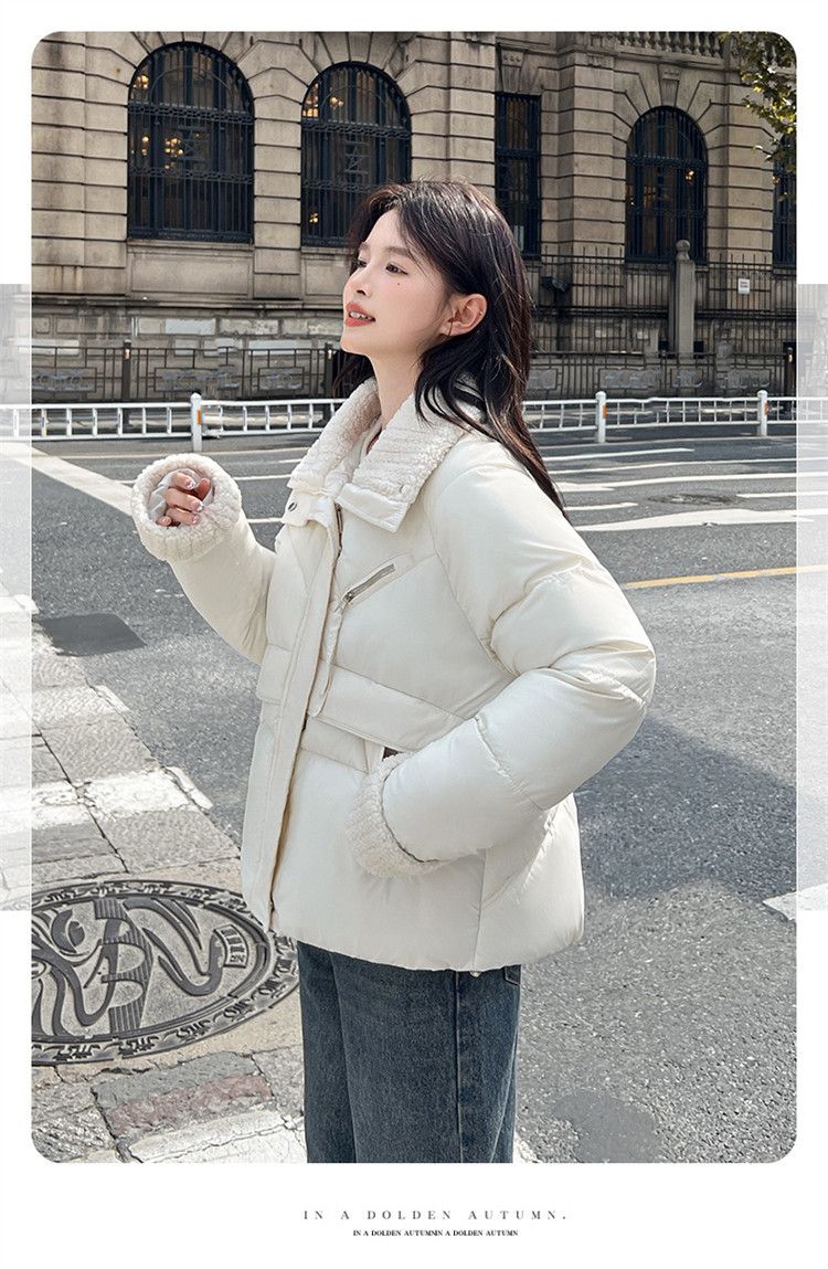 Kuerz Lämmchewoll Daunenjacket mat Kotteng fir Fraen am Wanter 2024, neien Trend vun Daunenjackete mat groussem Kraang fir Fraen_voghion.com