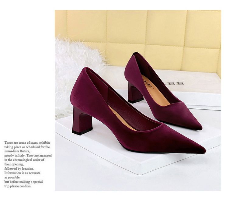 6188-9 Zapatos sencillos de moda para banquetes, de tacón alto y grueso, de gamuza y terciopelo del oeste, con boca poco profunda y puntiagudos_voghion.com