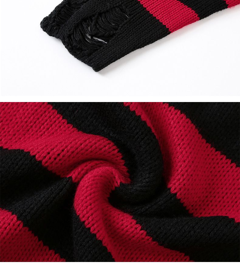 Oversized Distressed Knit Sweater For Men Crewneck Pullover With Striped Color Blocking (Black/Red, Black/White,Black/Yellow, Black/Green, Red/White)_voghion.com
