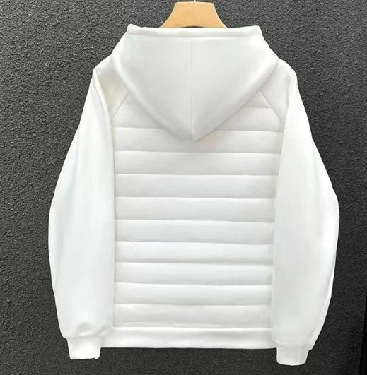 Men’s Streetwear Hooded Puffer Jacket – Parisian Letter Print, Slim-Fit Polyester Coat (S-3XL, White/Light Grey/Black)_voghion.com