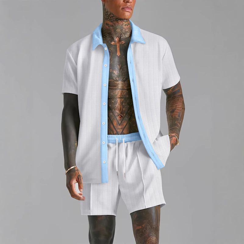 Men's Clothing Off Shelf Men's Casual Color Matching Short Sleeved Shirt Comfortable Shorts Two Piece Set_voghion.com