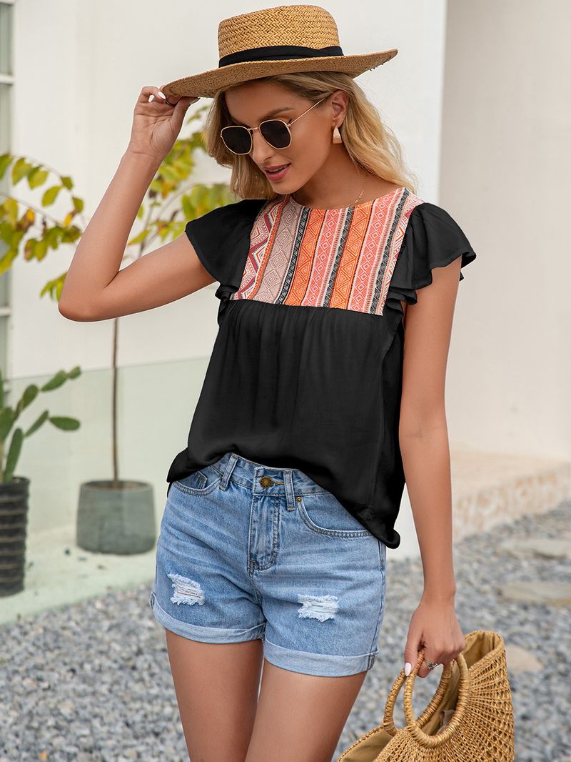 Dames top met ronde hals, losse ruches en korte mouwen_voghion.com