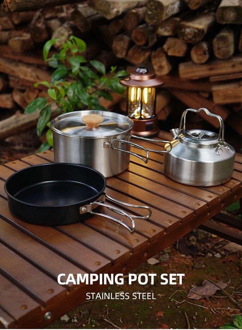 Set di pentole da campeggio da 4 pezzi - Pentola, padella e bollitore in acciaio inossidabile per cucinare all'aperto. Set di pentole portatile per escursioni e viaggi su strada._voghion.com