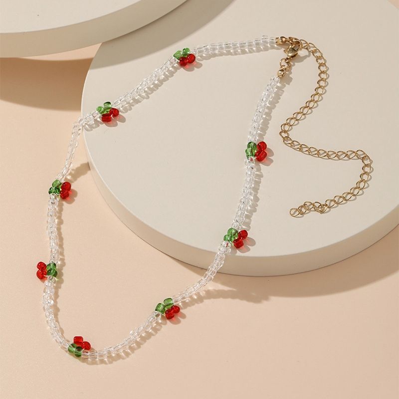 Moda Bohemya Boncuklu Kırmızı Kiraz Kolye Kadınlar İçin Sevimli El Yapımı Meyve Tohumu Boncuk Şeffaf Choker Kolyeler Boho Takı_voghion.com