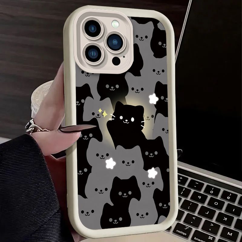Cute Cartoon Glowing Cat Case For iPhone 14 15 16 13 12 11 Pro Max X XS X S Max XR SE 2020 7 8 Plus iphone16 Soft Silicone Funda_voghion.com