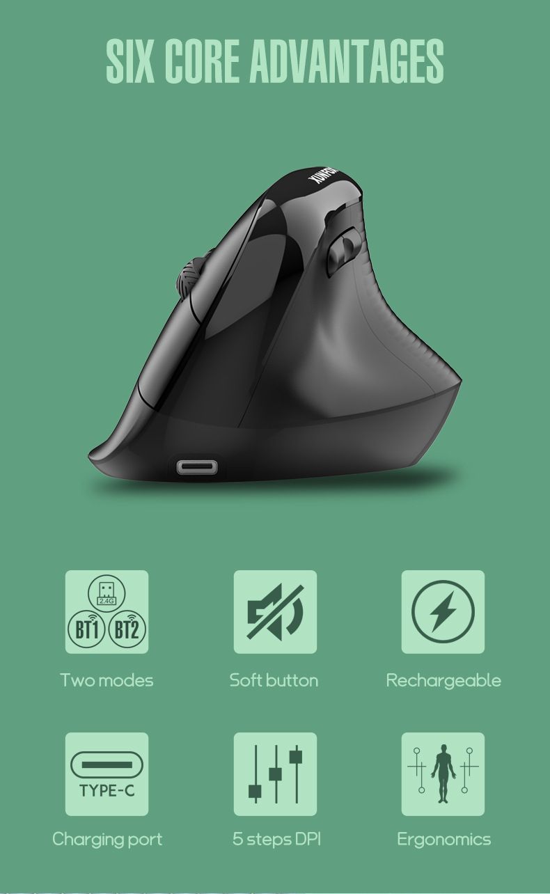 Silver Fox H5 Vertical Standing Mouse – Rechargeable, 2.4GHz Wireless & Bluetooth Dual-Mode For Business Office_voghion.com