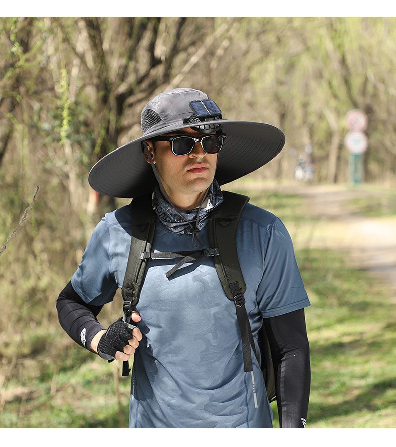 Sonnenhut mit Drahtkrempe für Herren – Outdoor-Kappe zum Angeln und Wandern mit breiter Krempe und USB-Ladelüfter, knitterfreies und formbeständiges Design_voghion.com