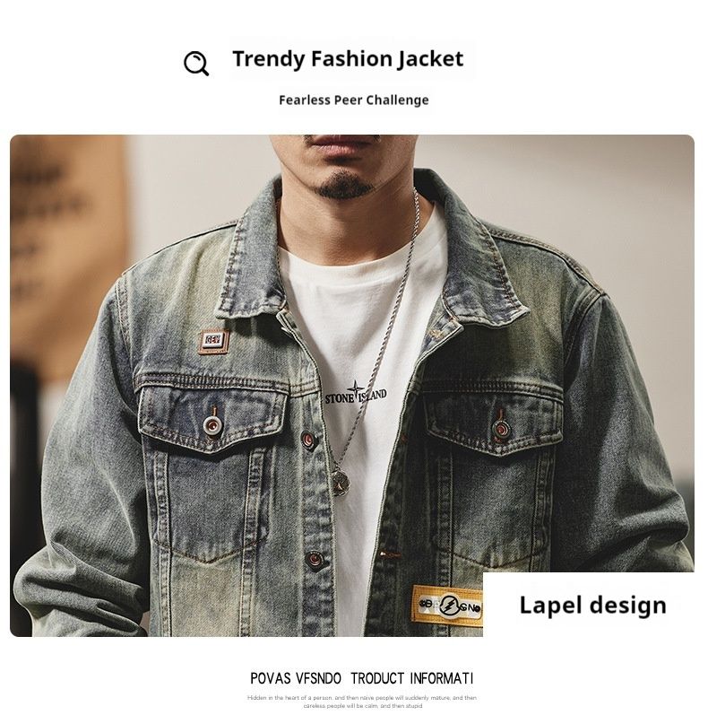 American washed strapazierfähiger Denim für Herren im Herbst Winter, neuer lockerer und lässiger Kragen vielseitiger Jackentrend_voghion.com