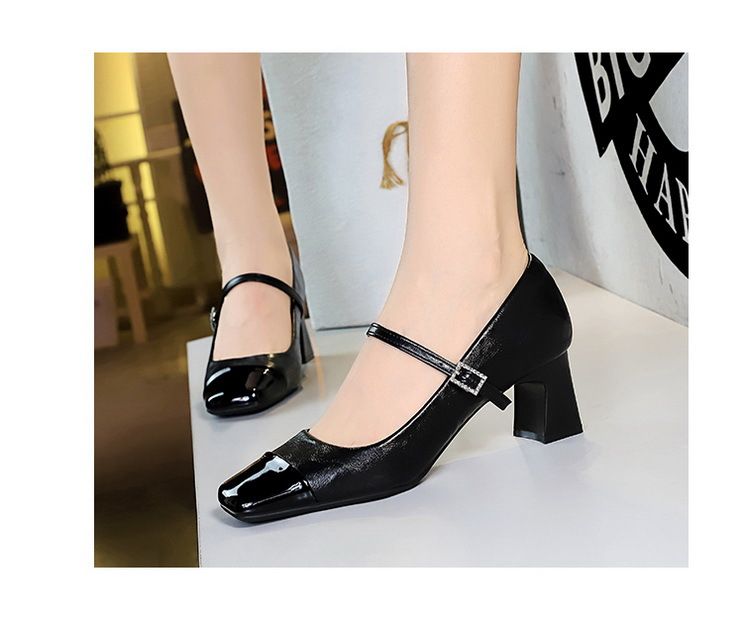 5292 Wind Thick Heel Shallow Mouth Splicing Square Head Water Diamond Buckle Strap Single Shoe Spring and Autumn Women's_voghion.com