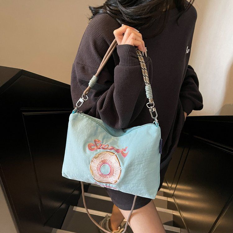 Embroidered Donut Handbag Nylon Fabric Trendy Women Japanese And Korean Style Casual Outing Commuting Crossbody_voghion.com