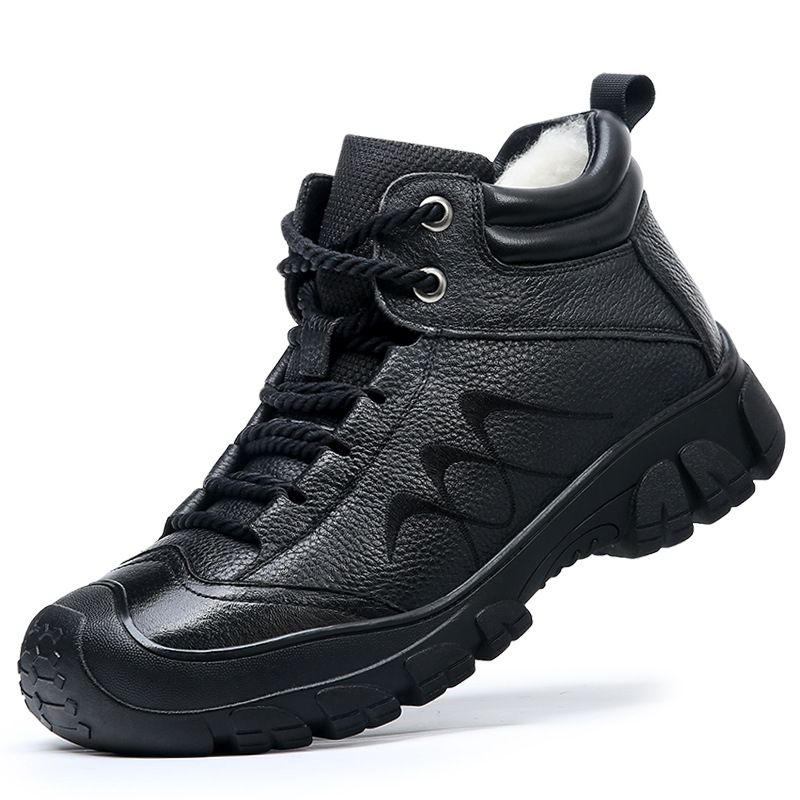 Winter New Layer Wool High Top Cotton Fleece Lined Leather Short Boots Warm Men's Shoes_voghion.com