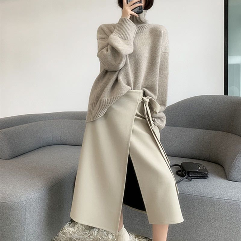 Women's turtleneck soft waxy sweater to wear a loose feeling with lazy wind knit base_voghion.com
