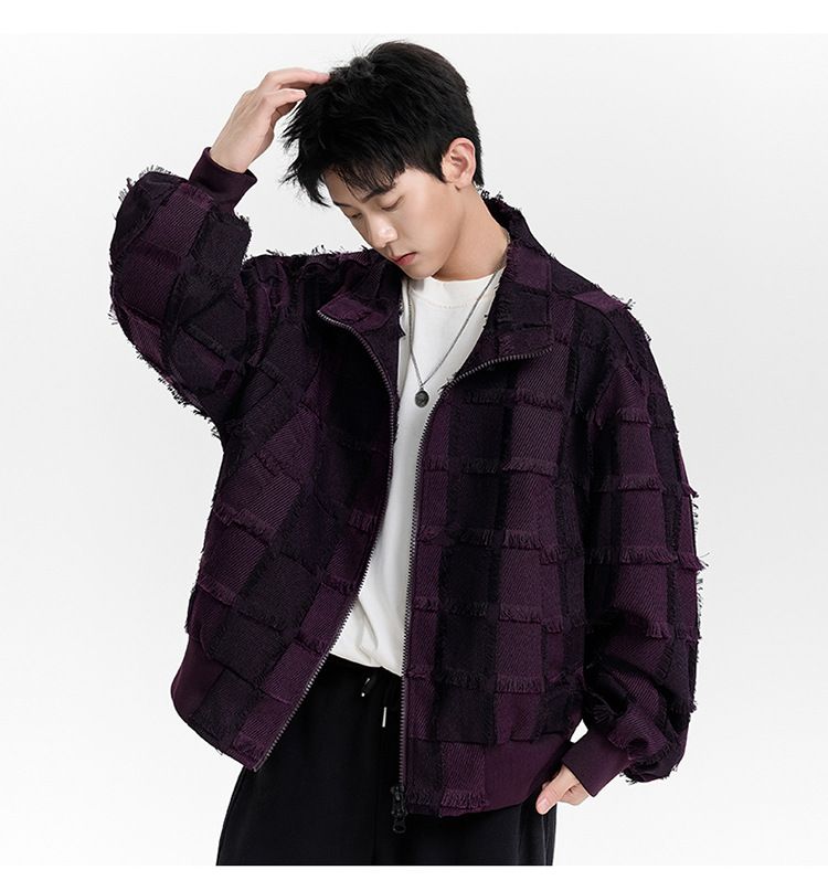 Men's Casual Distressed Checkered Patchwork Jacket With Cat Whisker Design, Loose Fit, Lapel Collar, Stylish Streetwear Coat_voghion.com