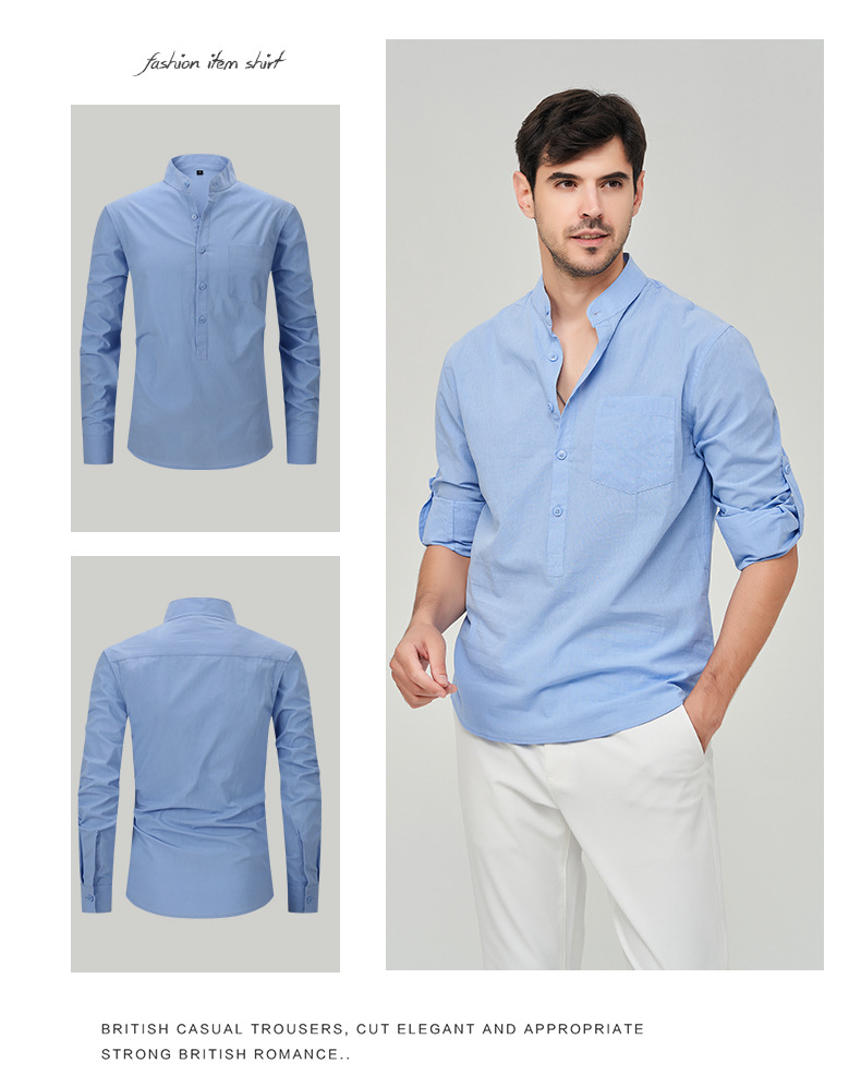 Abbigliamento Uomo Camicia Camicia Henry in cotone da uomo Camicia in lino con collo alto Camicia a maniche lunghe da uomo_voghion.com