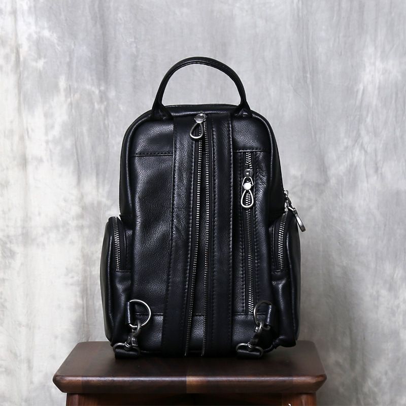 Black men's backpack, new casual leather small backpack, top layer cowhide chest bag, multifunctional travel crossbody bag_voghion.com