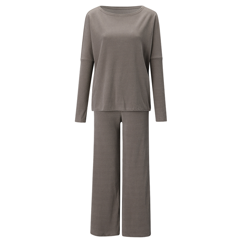 Dameskleding effen kleur ronde hals lange mouwen casual tweedelig pak_voghion.com