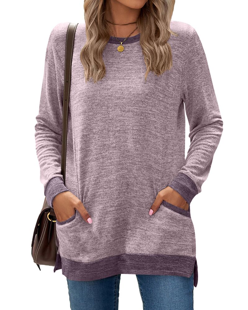 T-shirt casual allentata da donna con scollo tondo e tasca abbinata a maniche lunghe_voghion.com
