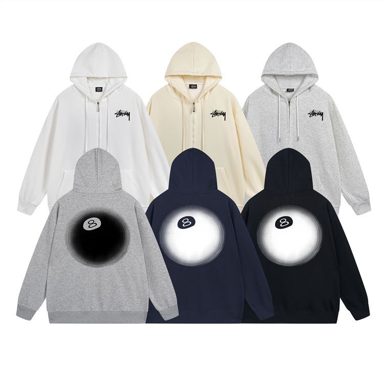 Fleecegefüttert mit Buchstaben, Schwarz Nr. 8, Unisex Casual Style, Erhältlich in 12 Designs, STU Zipper Hoodie_voghion.com