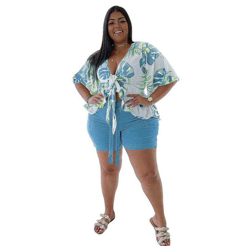 Women's large size two-piece printed casual T-shirt shorts suit_voghion.com