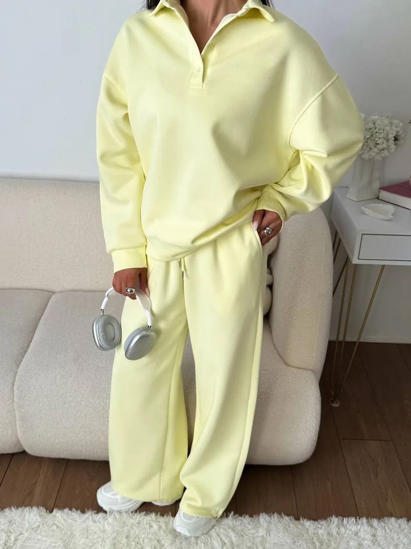 Set sportivi casual da donna, tinta unita, maniche lunghe, pullover con revers abbottonato, felpa, pantaloni con lacci, completo due pezzi_voghion.com