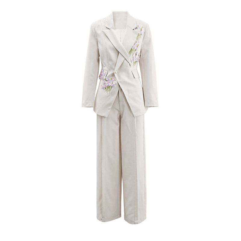 Completo pantalone a gamba larga con stampa floreale da donna – Elegante completo due pezzi per lavoro e casual (S-L, bianco sporco)_voghion.com