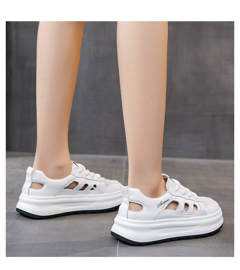 Sport-Sandalen mit dicker Sohle und geschlossener Spitze für Damen, hohle, atmungsaktive Lochschuhe, neue All-Match-Schuhe aus echtem Leder im Sommer 2024 in Weiß_voghion.com