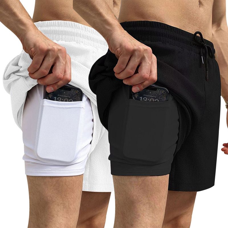 Lot de 2 shorts d'été décontractés pour homme, coupe trois-quarts, doublés, à séchage rapide et double épaisseur, tissés_voghion.com