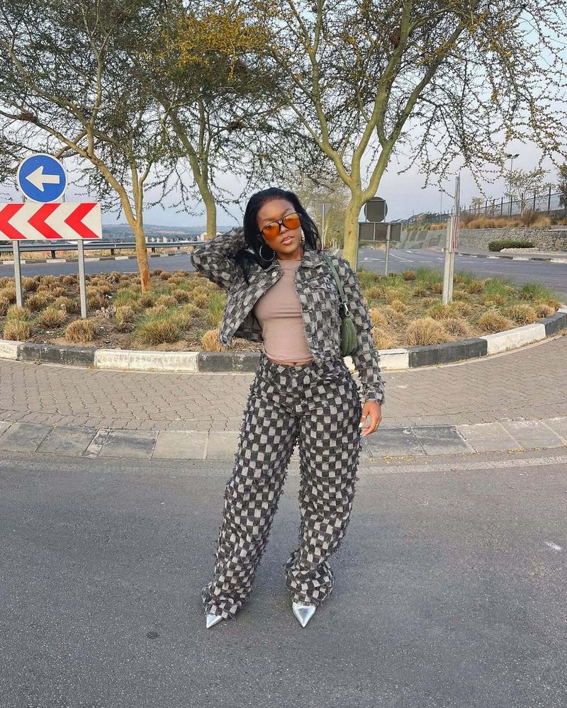 Women's Clothing Casual Jacquard Plaid Washed Denim Suit Women's Casual Jacquard Checkered Washed Denim Outfit Set Winter Wear Grey S-XXL_voghion.com