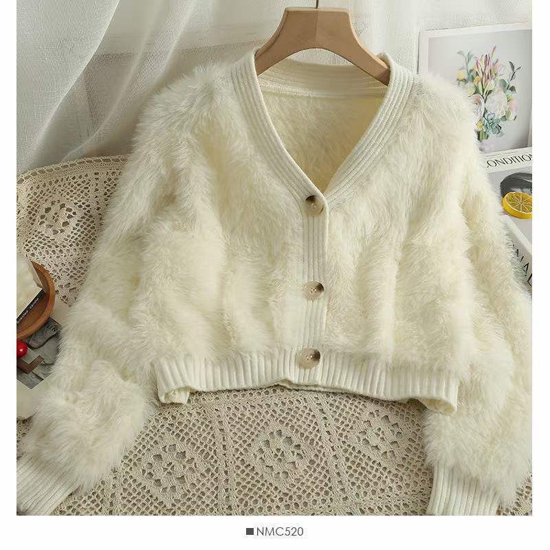 Kuerz gestrickte Cardigan 2023 Hierscht/Wanter Neit Produkt Einfarweg Hoer College Style V-Ausschnëtt Laangärmlech Nerz_voghion.com