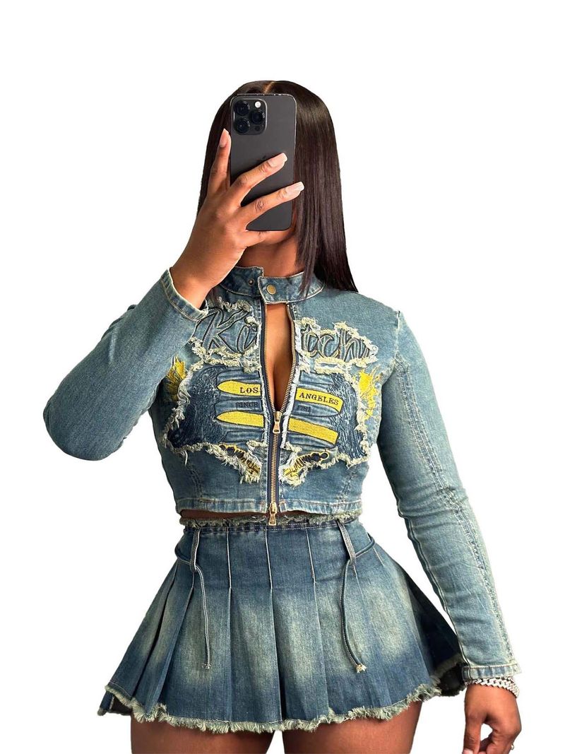 Set di gonna plissettata con top ricamato in tessuto elastico da donna_voghion.com