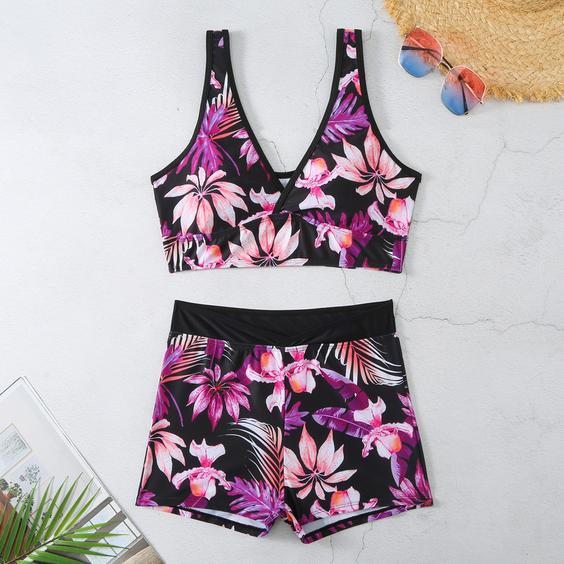 2024 New Printed Skirt Conservative Women's Split High Waist Tankini Swimsuit_voghion.com