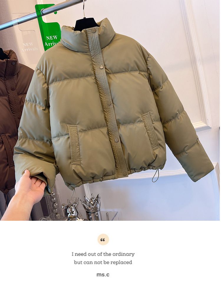 Dameskleding Koreaanse versie korte opstaande kraag kleine winterjassen katoenen jas voor dames eenvoudige losse versie rits pufferjack effen kleur_voghion.com