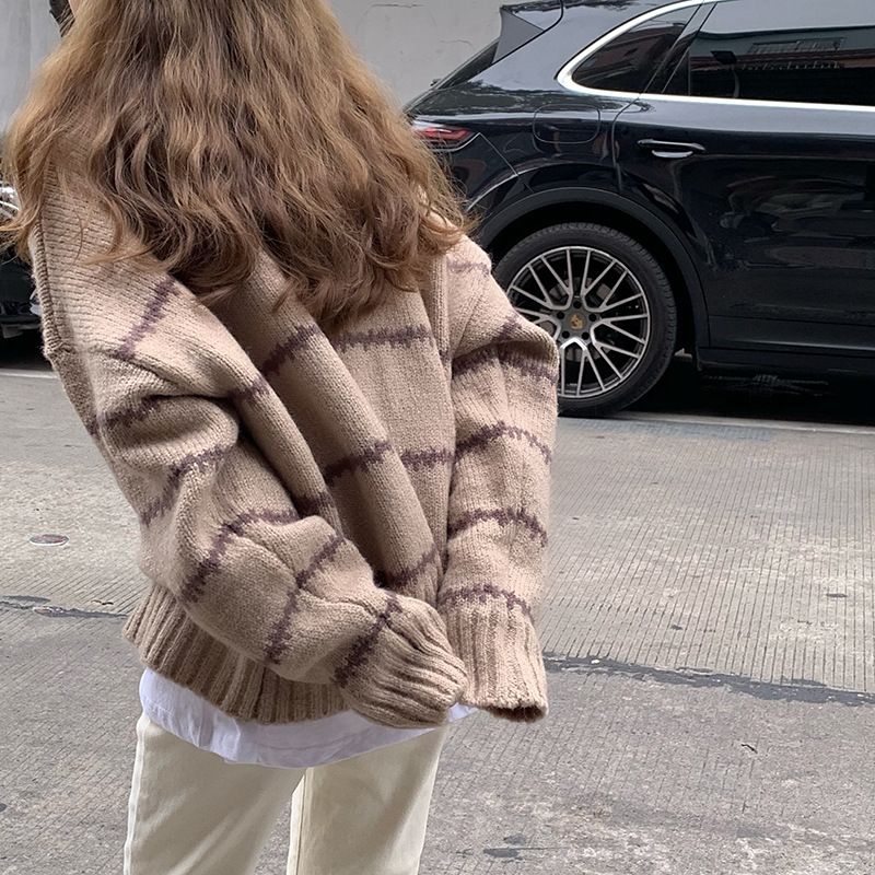 Japanese Retro Striped Knit Sweater Women's Loose Fit Long Sleeve Turtleneck Pullover - Soft Comfortable Chunky Knit Casual Top_voghion.com