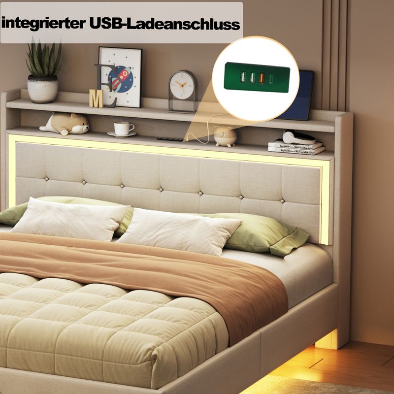 Polsterbett 160x200cm Con USB, LED, Fuochi Versteckten, Leinenstoff Beige_voghion.com
